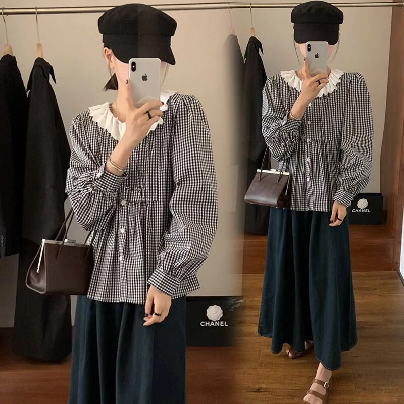 Φθινοπωρινά μακρυμάνικα καρό πουκάμισα εγκυμοσύνης Κορεάτικο στυλ Preppy μπλούζες για έγκυο Γλυκά πλισέ γιακά μπλουζάκια εγκυμοσύνης