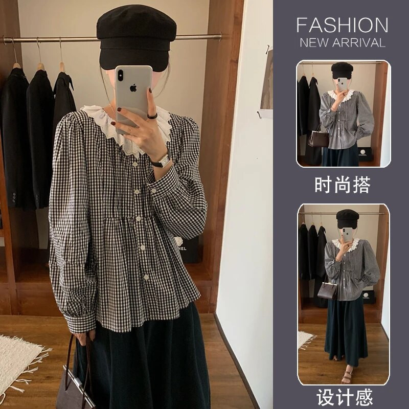 Φθινοπωρινά μακρυμάνικα καρό πουκάμισα εγκυμοσύνης Κορεάτικο στυλ Preppy μπλούζες για έγκυο Γλυκά πλισέ γιακά μπλουζάκια εγκυμοσύνης