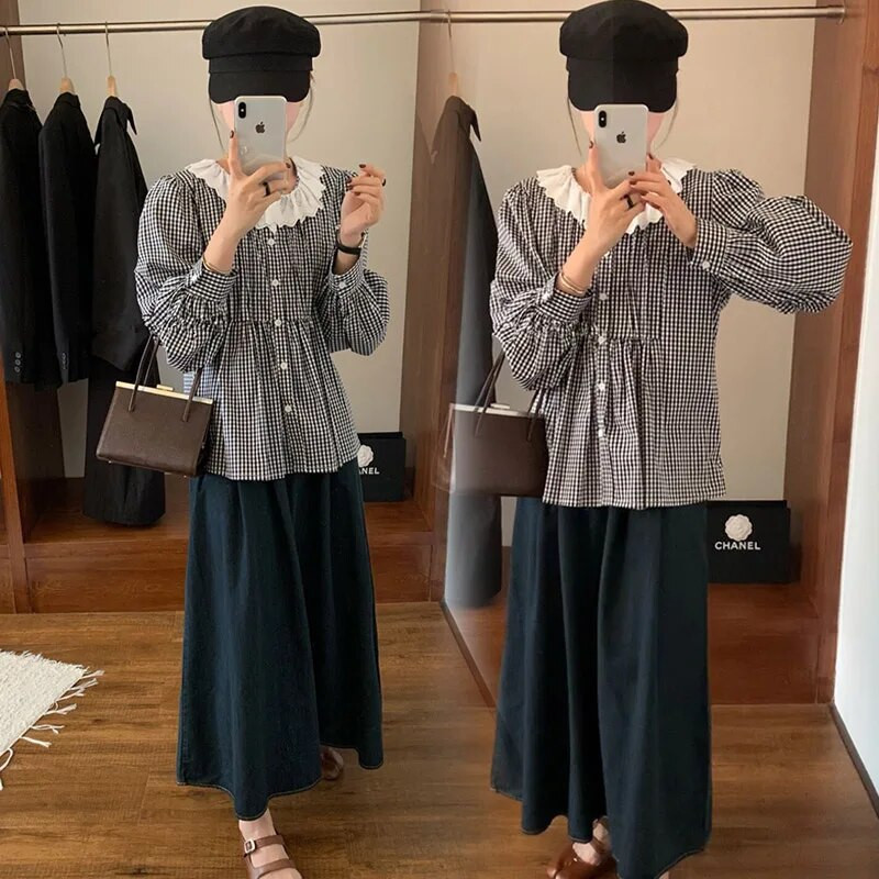 Φθινοπωρινά μακρυμάνικα καρό πουκάμισα εγκυμοσύνης Κορεάτικο στυλ Preppy μπλούζες για έγκυο Γλυκά πλισέ γιακά μπλουζάκια εγκυμοσύνης