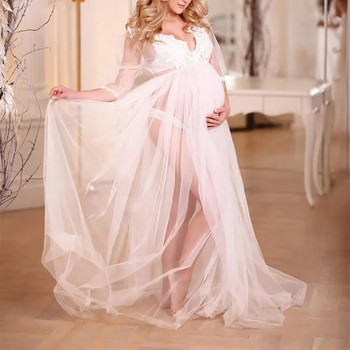 Νέα λευκά φορέματα εγκυμοσύνης για φωτογράφιση εγκύων Μεγάλο φόρεμα σιφόν με πλέγμα Premama Lace Splicing Photography Prop