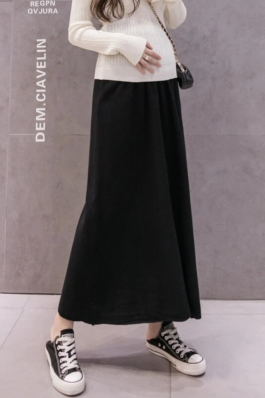 5568# Sügistalvine kootud rasedatele pikad seelikud elastne vöökoht kõht A Line Swing riided rasedatele avaraks raseduseks