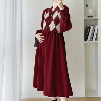 Ρούχα για έγκυες γυναίκες Φθινοπωρινά χειμωνιάτικα μακριά πλεκτά φορέματα 2023 Νέο με κουμπιά με λαιμόκοψη V-μοτίβο συνονθύλευμα Γυναικείο πουλόβερ φόρεμα εγκυμοσύνης