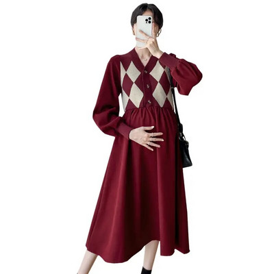 Ρούχα για έγκυες γυναίκες Φθινοπωρινά χειμωνιάτικα μακριά πλεκτά φορέματα 2023 Νέο με κουμπιά με λαιμόκοψη V-μοτίβο συνονθύλευμα Γυναικείο πουλόβερ φόρεμα εγκυμοσύνης