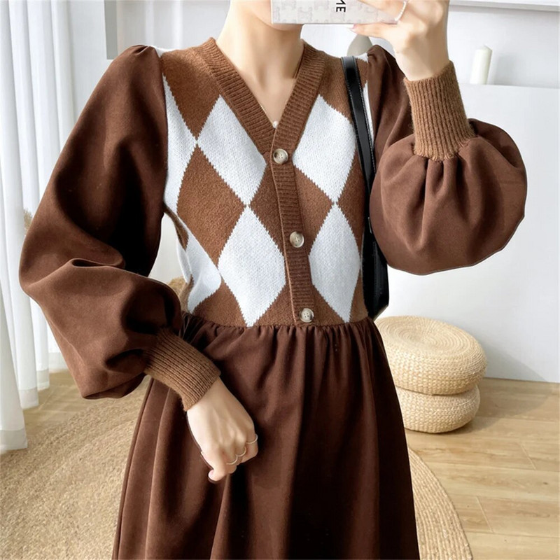 Ρούχα για έγκυες γυναίκες Φθινοπωρινά χειμωνιάτικα μακριά πλεκτά φορέματα 2023 Νέο με κουμπιά με λαιμόκοψη V-μοτίβο συνονθύλευμα Γυναικείο πουλόβερ φόρεμα εγκυμοσύνης