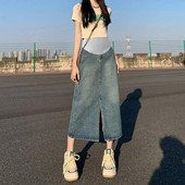 Κορεάτικο στυλ Vintage Έγκυος Γυναίκα Τζιν φούστα μπροστινό χωρισμένο ψηλόμεσο Φούστα εγκυμοσύνης κοιλιά εγκυμοσύνης βαμβακερά ρούχα Χονδρική