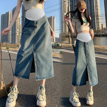 Ретро дънкова пола за бременни в корейски стил Предна разцепена пола с висока талия на корема за бременни Бременни памучни дрехи на едро