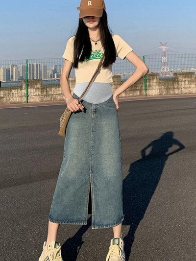 Κορεάτικο στυλ Vintage Έγκυος Γυναίκα Τζιν φούστα μπροστινό χωρισμένο ψηλόμεσο Φούστα εγκυμοσύνης κοιλιά εγκυμοσύνης βαμβακερά ρούχα Χονδρική