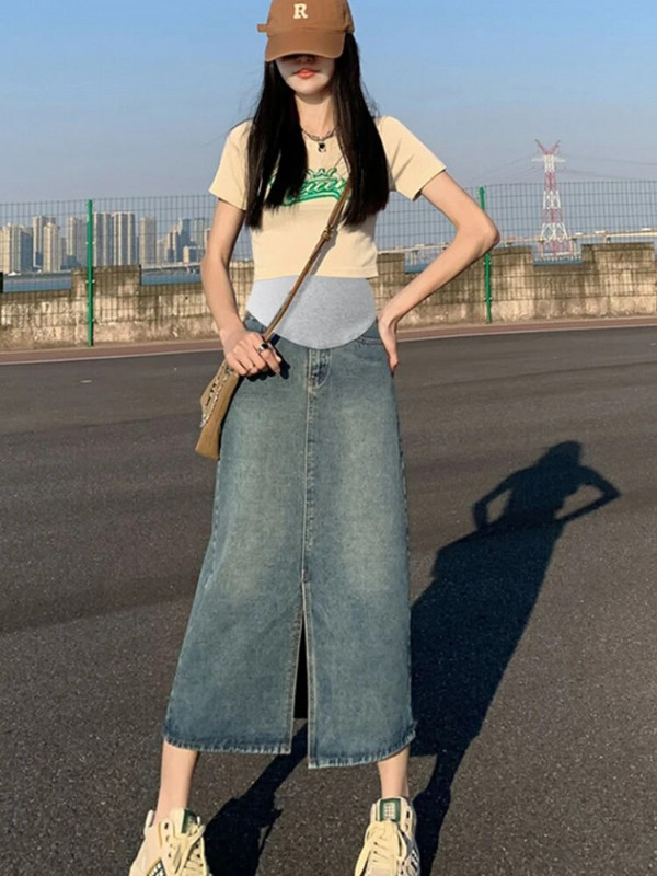 Κορεάτικο στυλ Vintage Έγκυος Γυναίκα Τζιν φούστα μπροστινό χωρισμένο ψηλόμεσο Φούστα εγκυμοσύνης κοιλιά εγκυμοσύνης βαμβακερά ρούχα Χονδρική