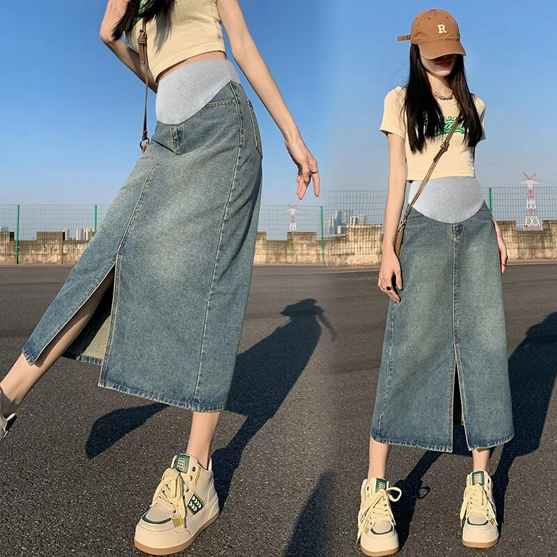 Κορεάτικο στυλ Vintage Έγκυος Γυναίκα Τζιν φούστα μπροστινό χωρισμένο ψηλόμεσο Φούστα εγκυμοσύνης κοιλιά εγκυμοσύνης βαμβακερά ρούχα Χονδρική