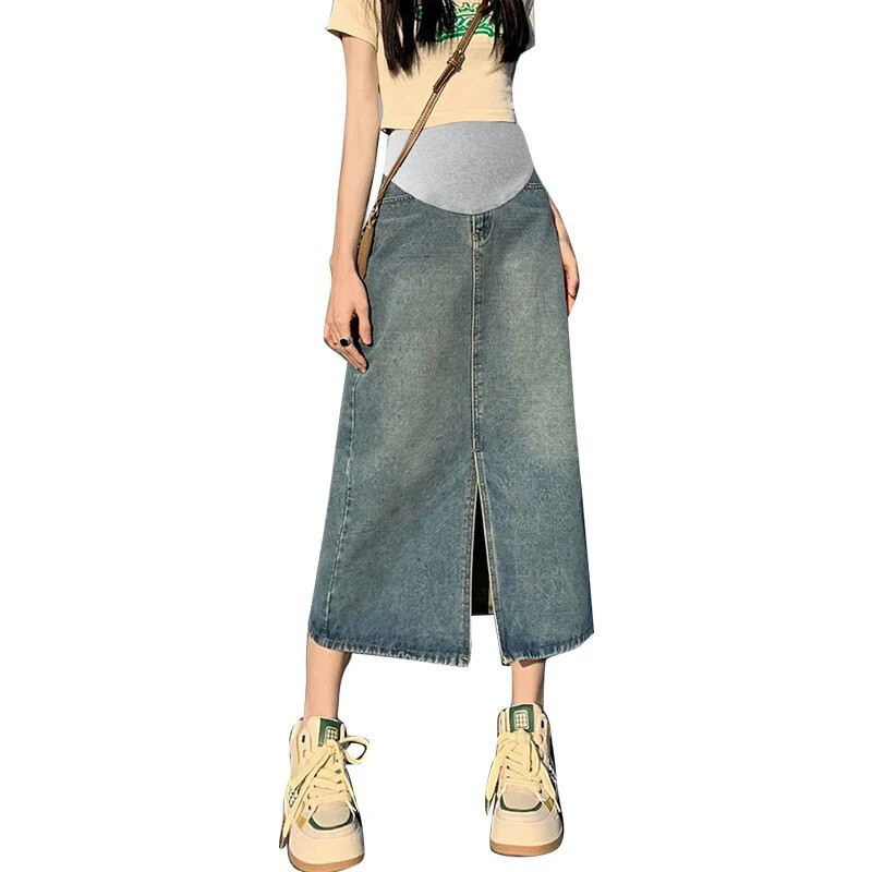 Κορεάτικο στυλ Vintage Έγκυος Γυναίκα Τζιν φούστα μπροστινό χωρισμένο ψηλόμεσο Φούστα εγκυμοσύνης κοιλιά εγκυμοσύνης βαμβακερά ρούχα Χονδρική