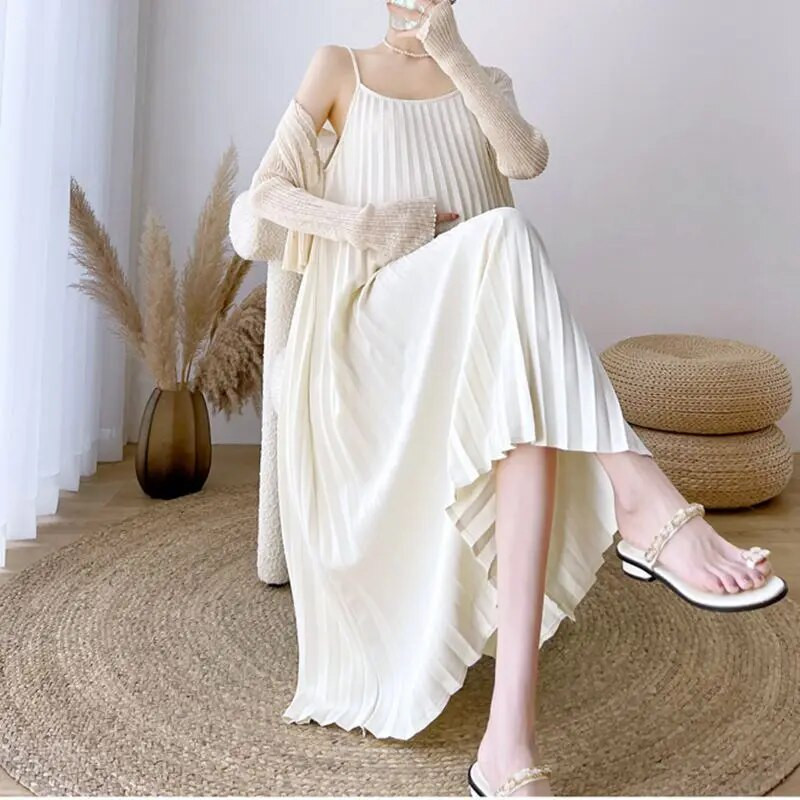 Suknelės nėščiosioms Vasarinės šifono slingo suknelė be rankovių klostuota plius dydžio suknelė nėščiosioms + paltukai nėščioms moterims