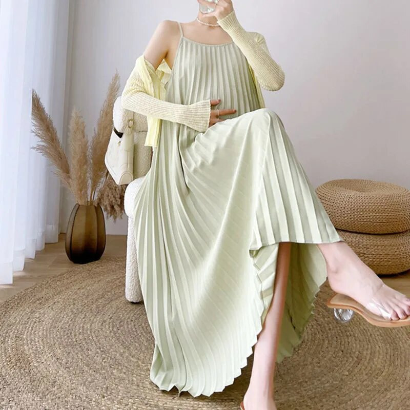 Suknelės nėščiosioms Vasarinės šifono slingo suknelė be rankovių klostuota plius dydžio suknelė nėščiosioms + paltukai nėščioms moterims