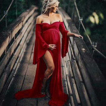 Βαμβακερά φορέματα εγκυμοσύνης για φωτογραφική λήψη Σέξι βολάν χωρίς ώμο Φορέματα εγκυμοσύνης για γυναίκες Μακρύ φόρεμα εγκυμοσύνης με φουσκωτά μανίκια