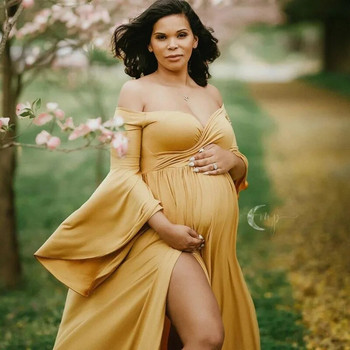 Βαμβακερά φορέματα εγκυμοσύνης για φωτογραφική λήψη Σέξι βολάν χωρίς ώμο Φορέματα εγκυμοσύνης για γυναίκες Μακρύ φόρεμα εγκυμοσύνης με φουσκωτά μανίκια