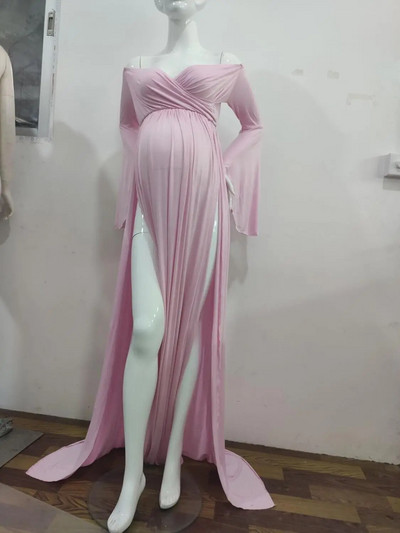 Medvilninės nėščiųjų suknelės fotosesijai Seksualios be pečių besisukančios nėščiosios suknelės moterims pūstomis rankovėmis Maxi ilga nėštumo suknelė