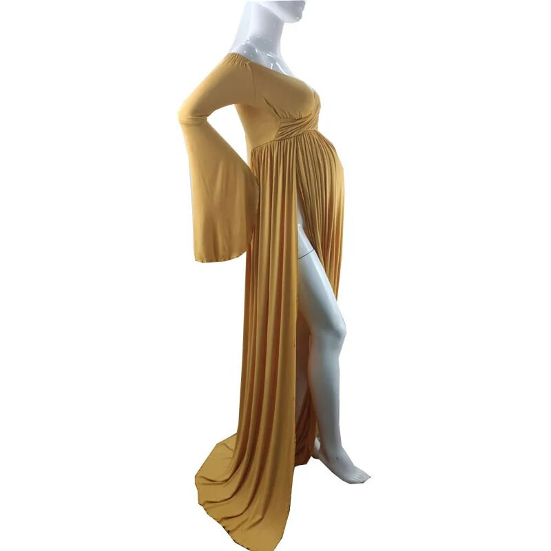 Medvilninės nėščiųjų suknelės fotosesijai Seksualios be pečių besisukančios nėščiosios suknelės moterims pūstomis rankovėmis Maxi ilga nėštumo suknelė