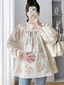 Βολάν συνονθύλευμα φλοράλ μπλούζες εγκυμοσύνης Γλυκό μακρυμάνικο με λαιμόκοψη μόδας εκτύπωση Πουκάμισα για έγκυες γυναίκες Κορυφαία ρούχα εγκυμοσύνης