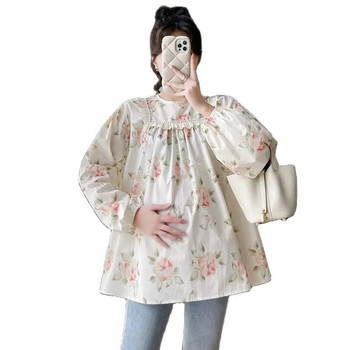 Рюшове Пачуърк Блузи за бременни с цветя Сладки дълъг ръкав с О-образно деколте Модни щампи Ризи за бременни жени Топ дрехи за бременност