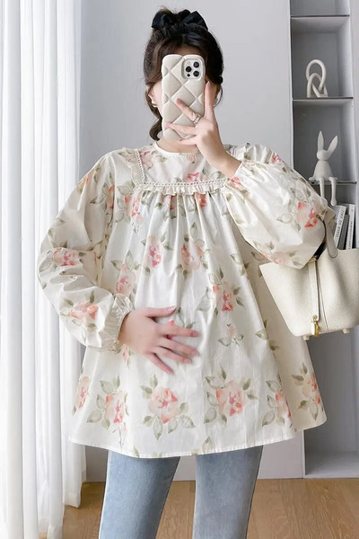 Βολάν συνονθύλευμα φλοράλ μπλούζες εγκυμοσύνης Γλυκό μακρυμάνικο με λαιμόκοψη μόδας εκτύπωση Πουκάμισα για έγκυες γυναίκες Κορυφαία ρούχα εγκυμοσύνης