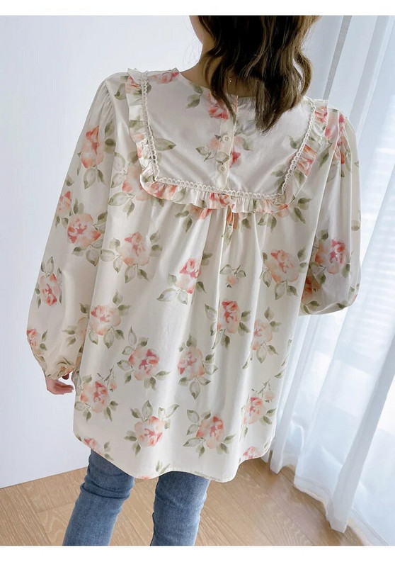 Βολάν συνονθύλευμα φλοράλ μπλούζες εγκυμοσύνης Γλυκό μακρυμάνικο με λαιμόκοψη μόδας εκτύπωση Πουκάμισα για έγκυες γυναίκες Κορυφαία ρούχα εγκυμοσύνης