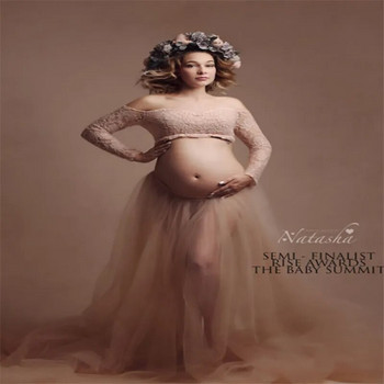 Секси рокля за фотосесия за бременни Дамски дантелени горнища Пола от тюл Комплекти за бременни снимки за бременни жени Baby Shower Макси рокля