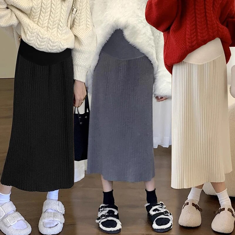 Sügisel ja talvel uued rasedate naiste seelikud ühevärvilised vabaaja kootud üheastmeline seelik reguleeritava vöökohaga rasedate seelik