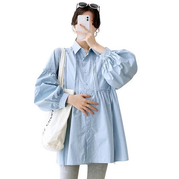 2023 Есенни едноцветни бременни жени с дълъг ръкав Свободни блузи Модни ризи в корейски стил Памучни дрехи за бременни на едро