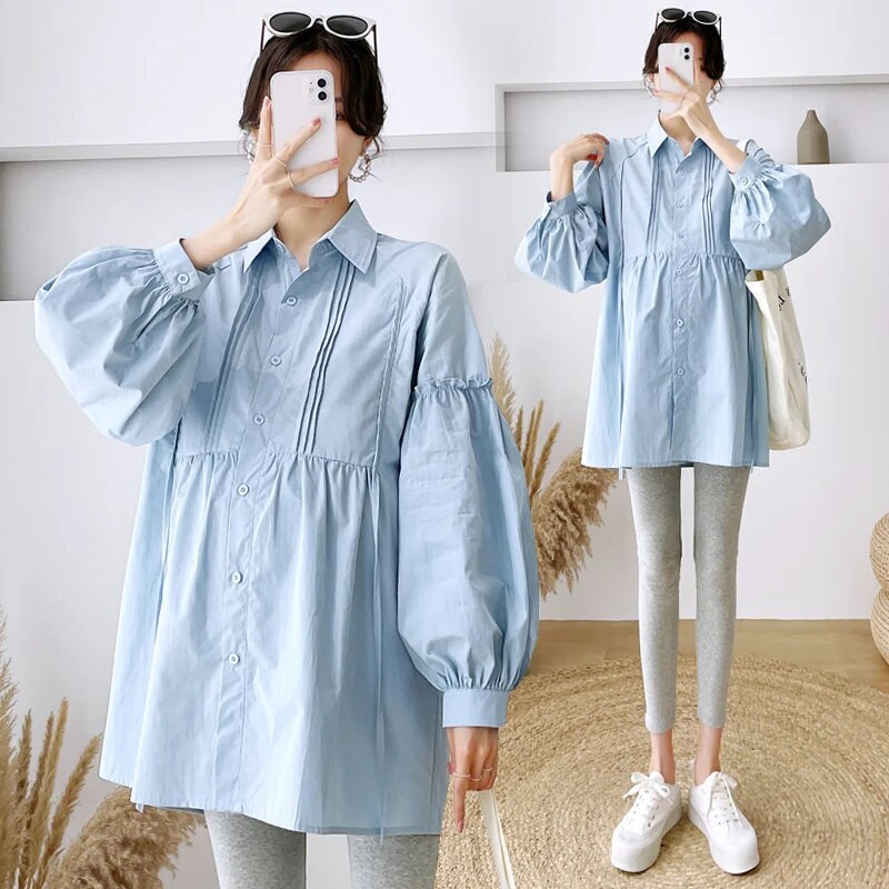 2023. aasta sügisene ühevärvilised pikkade varrukatega rasedad, lahtised pluusid Korea stiilis moesärgid, rasedate puuvillased rõivad, hulgimüük