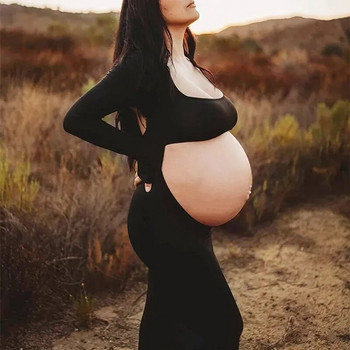 Νέα φορέματα εγκυμοσύνης για φωτογράφιση Μαύρο μακρυμάνικο εξώπλατο φόρεμα εγκυμοσύνης Maxi Φωτογραφία γάμου Ρούχα εγκυμοσύνης