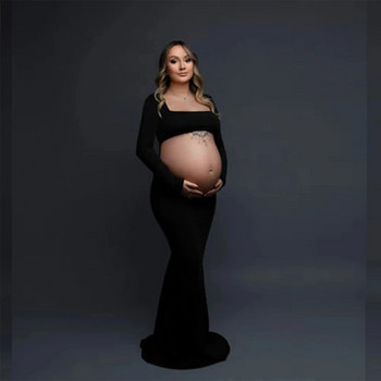 Νέα φορέματα εγκυμοσύνης για φωτογράφιση Μαύρο μακρυμάνικο εξώπλατο φόρεμα εγκυμοσύνης Maxi Φωτογραφία γάμου Ρούχα εγκυμοσύνης