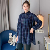 2023 καρό πουκάμισα εγκυμοσύνης άνοιξη και φθινόπωρο μόδας με μακριά μανίκια με γυριστό γιακά έγκυος μητέρα φθινοπωρινά φορέματα φαρδιά μπλούζες