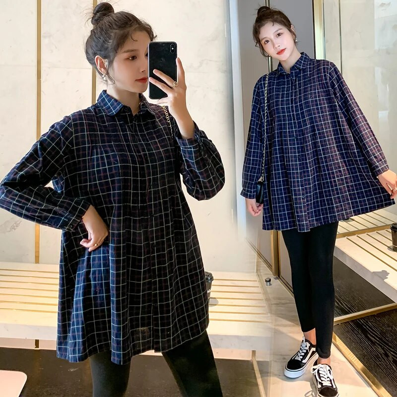 2023 καρό πουκάμισα εγκυμοσύνης άνοιξη και φθινόπωρο μόδας με μακριά μανίκια με γυριστό γιακά έγκυος μητέρα φθινοπωρινά φορέματα φαρδιά μπλούζες