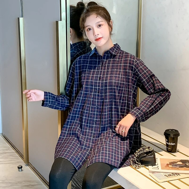 2023 καρό πουκάμισα εγκυμοσύνης άνοιξη και φθινόπωρο μόδας με μακριά μανίκια με γυριστό γιακά έγκυος μητέρα φθινοπωρινά φορέματα φαρδιά μπλούζες