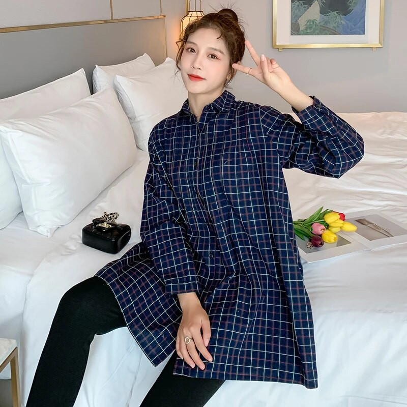 2023 καρό πουκάμισα εγκυμοσύνης άνοιξη και φθινόπωρο μόδας με μακριά μανίκια με γυριστό γιακά έγκυος μητέρα φθινοπωρινά φορέματα φαρδιά μπλούζες