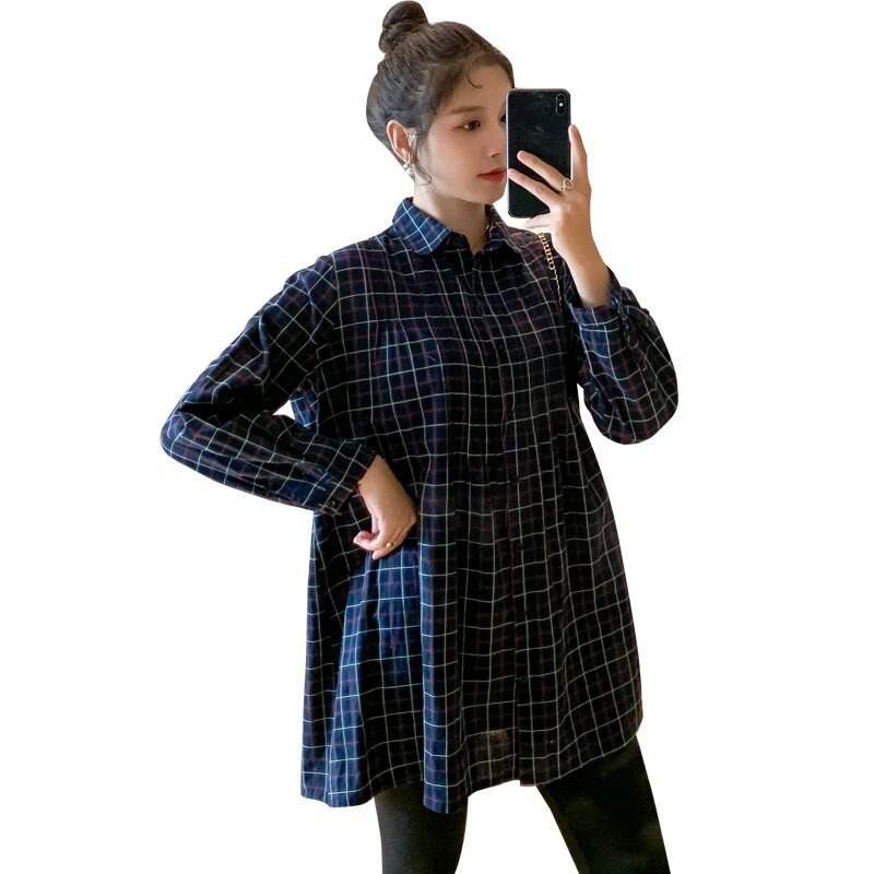 2023 καρό πουκάμισα εγκυμοσύνης άνοιξη και φθινόπωρο μόδας με μακριά μανίκια με γυριστό γιακά έγκυος μητέρα φθινοπωρινά φορέματα φαρδιά μπλούζες