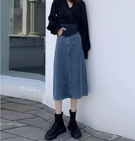 Madingi Džinsiniai sijonai nėščiosioms su aukštu juosmeniu, nugara, suskaldyta nėščiai moteriai A linijos sijonai Vintažiniai pieštukų sijonai iki kulkšnių