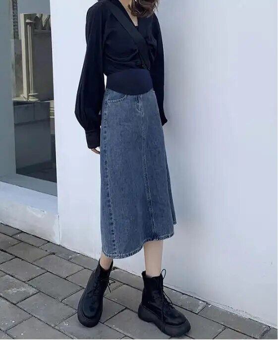 Madingi Džinsiniai sijonai nėščiosioms su aukštu juosmeniu, nugara, suskaldyta nėščiai moteriai A linijos sijonai Vintažiniai pieštukų sijonai iki kulkšnių