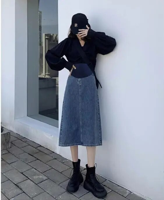 Madingi Džinsiniai sijonai nėščiosioms su aukštu juosmeniu, nugara, suskaldyta nėščiai moteriai A linijos sijonai Vintažiniai pieštukų sijonai iki kulkšnių