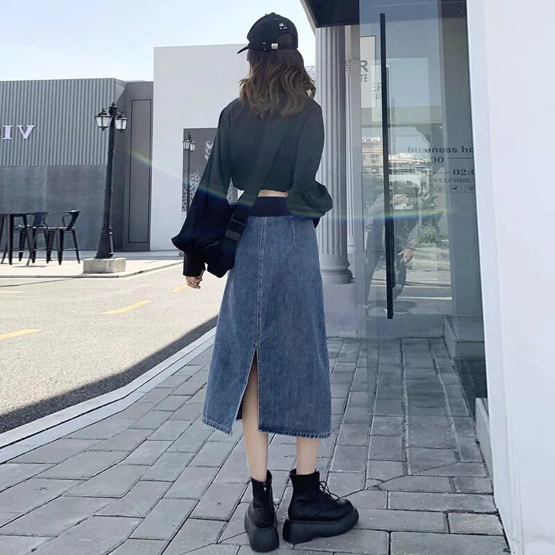 Madingi Džinsiniai sijonai nėščiosioms su aukštu juosmeniu, nugara, suskaldyta nėščiai moteriai A linijos sijonai Vintažiniai pieštukų sijonai iki kulkšnių