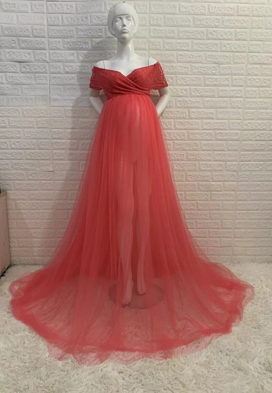 Suknelė su trumpomis rankovėmis nėrinių tinklinė uodegos suknelė nėščioms moterims Fotografijos suknelė Kūdikių dušo suknelė moterims, nėščioms moterims