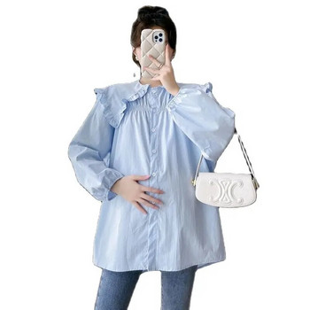 2024 Пролетни ризи за бременни Едноцветни модни волани Пачуърк Плюс размер Памучни блузи за бременни жени Свободни топове