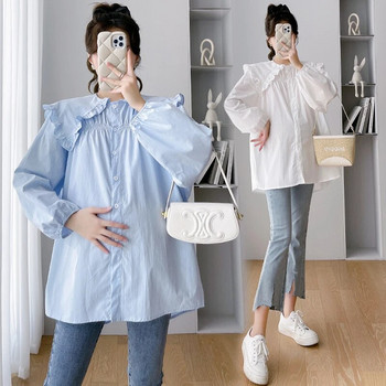 Ανοιξιάτικα πουκάμισα μητρότητας 2024 Μονόχρωμα βολάν μόδας συνονθύλευμα Plus μέγεθος Έγκυος Βαμβακερές μπλούζες Εγκυμοσύνη Φαρδιά μπλουζάκια