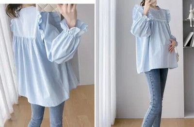 2024 m. pavasario marškiniai nėščiosioms Vienspalviai madingi raukiniai, plius dydžio, nėščios moters medvilninės palaidinės, laisvos viršutinės dalies