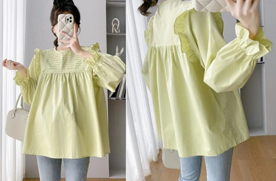 2024 m. pavasario marškiniai nėščiosioms Vienspalviai madingi raukiniai, plius dydžio, nėščios moters medvilninės palaidinės, laisvos viršutinės dalies