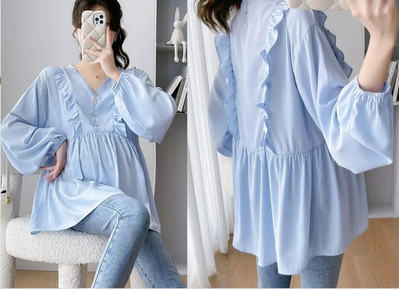 2024 m. pavasario marškiniai nėščiosioms Vienspalviai madingi raukiniai, plius dydžio, nėščios moters medvilninės palaidinės, laisvos viršutinės dalies