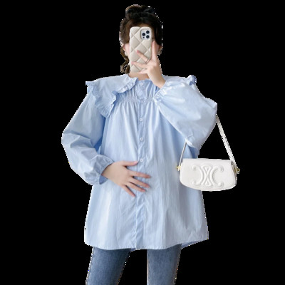 2024 m. pavasario marškiniai nėščiosioms Vienspalviai madingi raukiniai, plius dydžio, nėščios moters medvilninės palaidinės, laisvos viršutinės dalies