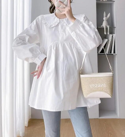 2024 m. pavasario marškiniai nėščiosioms Vienspalviai madingi raukiniai, plius dydžio, nėščios moters medvilninės palaidinės, laisvos viršutinės dalies