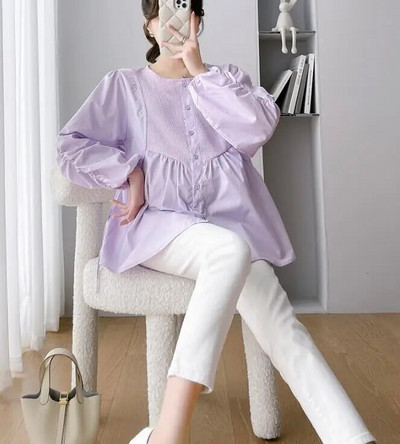 2024 m. pavasario marškiniai nėščiosioms Vienspalviai madingi raukiniai, plius dydžio, nėščios moters medvilninės palaidinės, laisvos viršutinės dalies