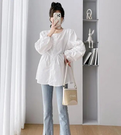 2024 m. pavasario marškiniai nėščiosioms Vienspalviai madingi raukiniai, plius dydžio, nėščios moters medvilninės palaidinės, laisvos viršutinės dalies