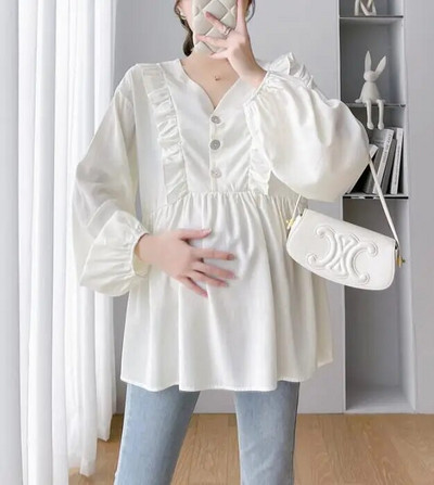 2024 m. pavasario marškiniai nėščiosioms Vienspalviai madingi raukiniai, plius dydžio, nėščios moters medvilninės palaidinės, laisvos viršutinės dalies